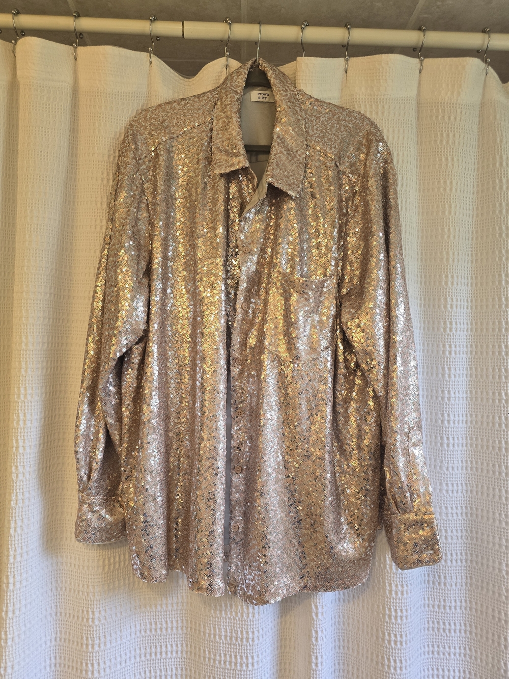 Crown & Ivy Sequin Rose Gold Button-Up Shirt
